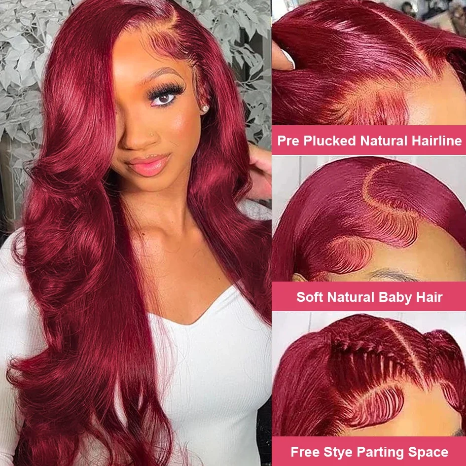 Wig rambut manusia renda depan 99J Wig Burgundy pra pencabutan 13x4 berwarna 30 inci Wig Frontal Body Wave HD renda untuk wanita