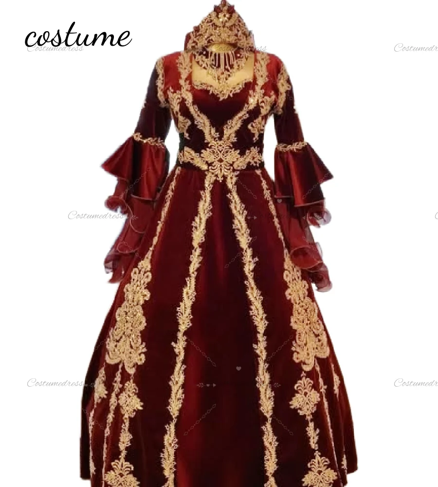 Traditional Red Turkish Evening Dress Vintage Muslim Arabic Prom Dress Velvet Gold Lace Dubai Moroocan Vestio De Novias 2026