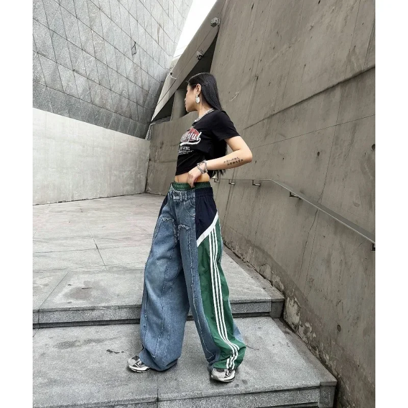 Jeans Women Casual Vintage Wide Leg Denim Pants Button Elastic Waist Trousers Spring Summer New Simple Daily Female Clothing