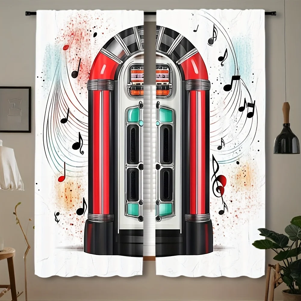 Retro Jukebox Curtains, Vintage Music Player Print Drapes, 50s Rock n Roll Diner Bar Party Window Treatment Decor