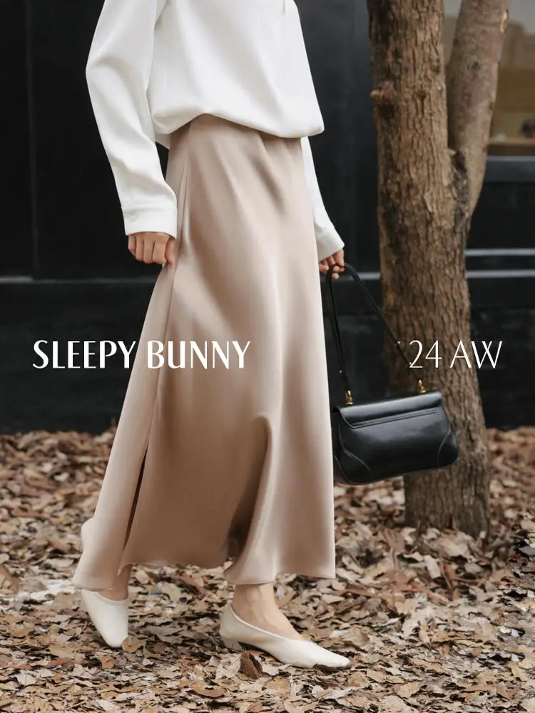 French Satin Midi Skirt for Women – Champagne A-Line Skirt with Side Slit, High Waist, Elegant Mermaid Hem, Fall Winter Outfit