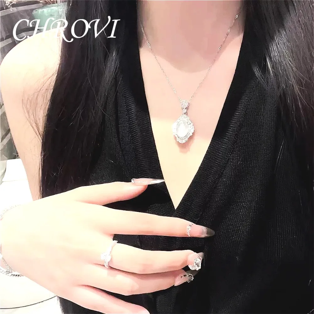 Luxuriöse Halskette aus 925er Sterlingsilber mit weißem Chalcedon-Cabochon für Damen, elegante Achat-Schlüsselbeinkette – Detail 6