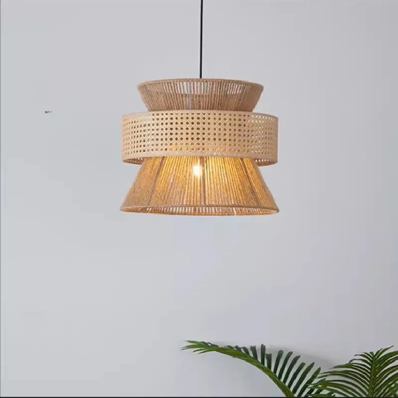 Wabi Sabi style Pendant light Japanese retro restaurant bedroom Zen tea room hemp rope hand woven rattan art LED Chandelier