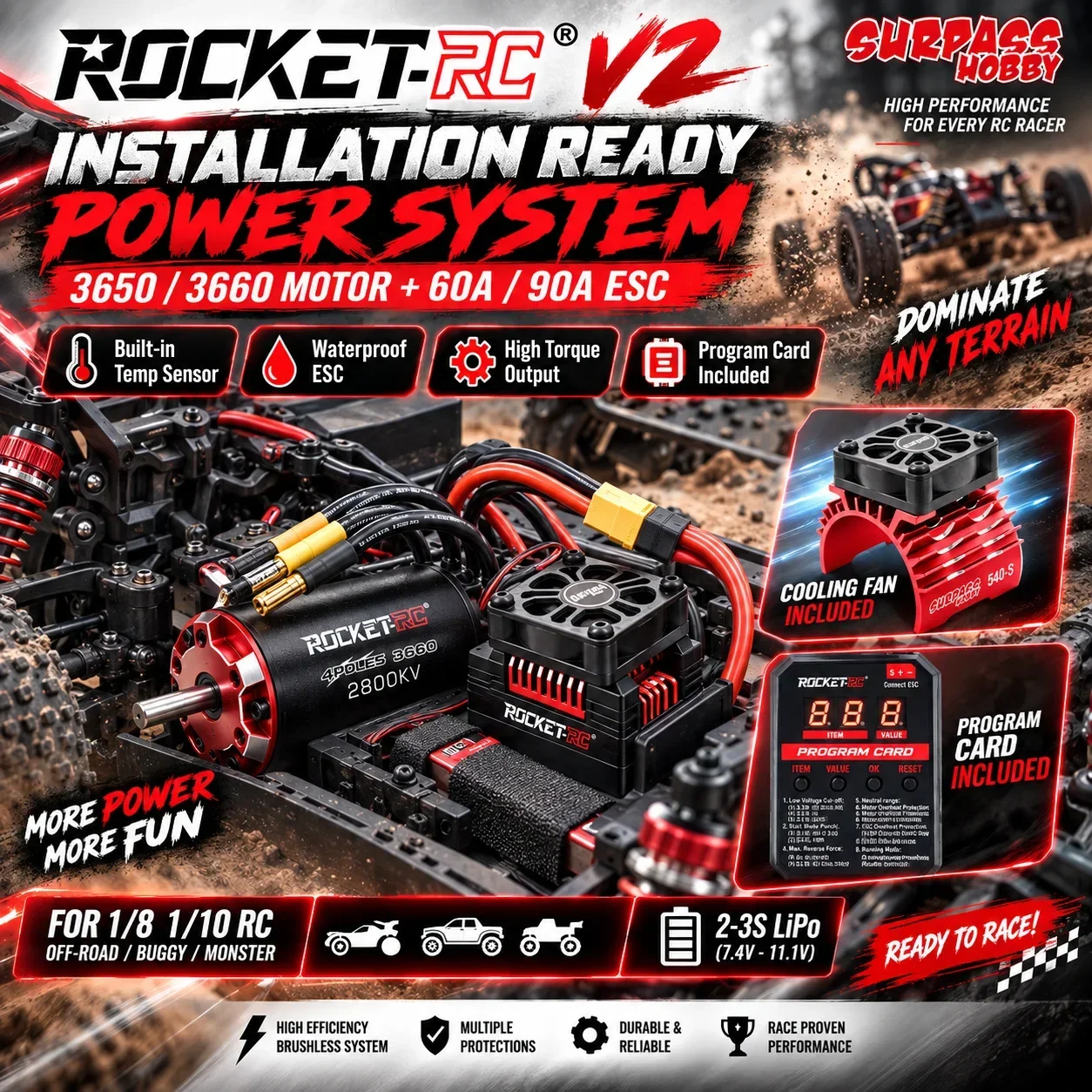 ROCKET RC V2 3650 3660 Brushless Motor with 60A/90A ESC Programme Card Cooling Fan Brushless Power Combo Set for 1/8 1/10 RC Car