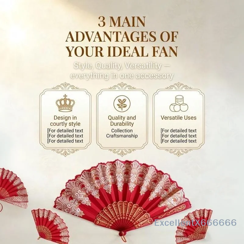 Red Lace Folding Hand Fan Gold Embossed Boho Style Elegant Decor Piece for Bohemian Themed Party Home Decoration