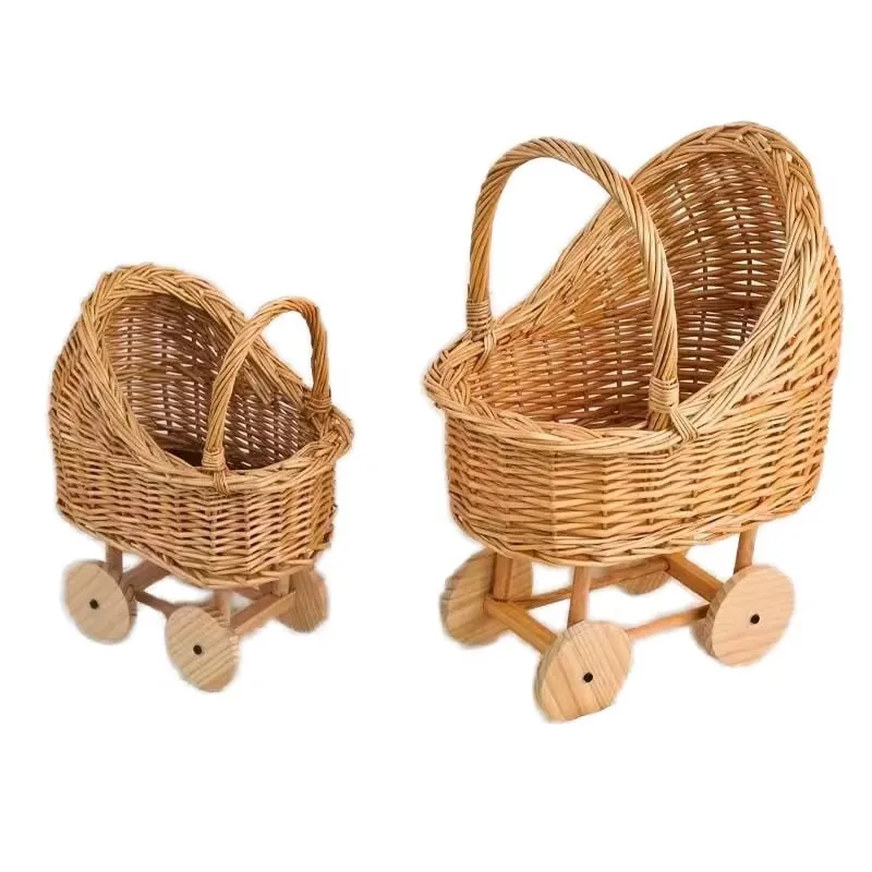 Children's storage basket Wicker stroller basket with floral motifs for photography props and toys