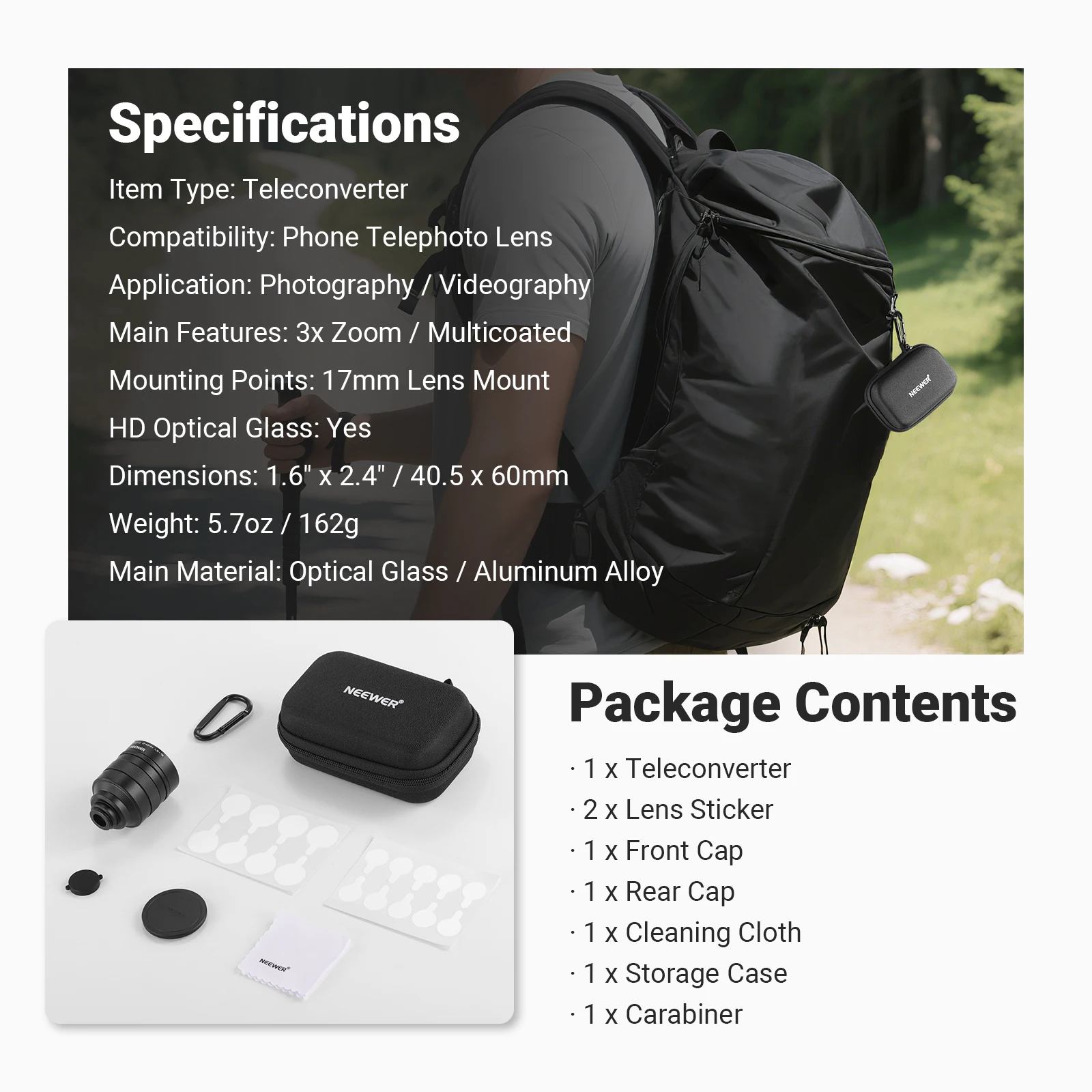 NEEWER 3X Telekonverter-Teleobjektiv für Smartphones, 360 mm Äquivalent, 17 mm Gewinde für iPhone, Android, Samsung, Xiaomi Phone Cage – Detail 8