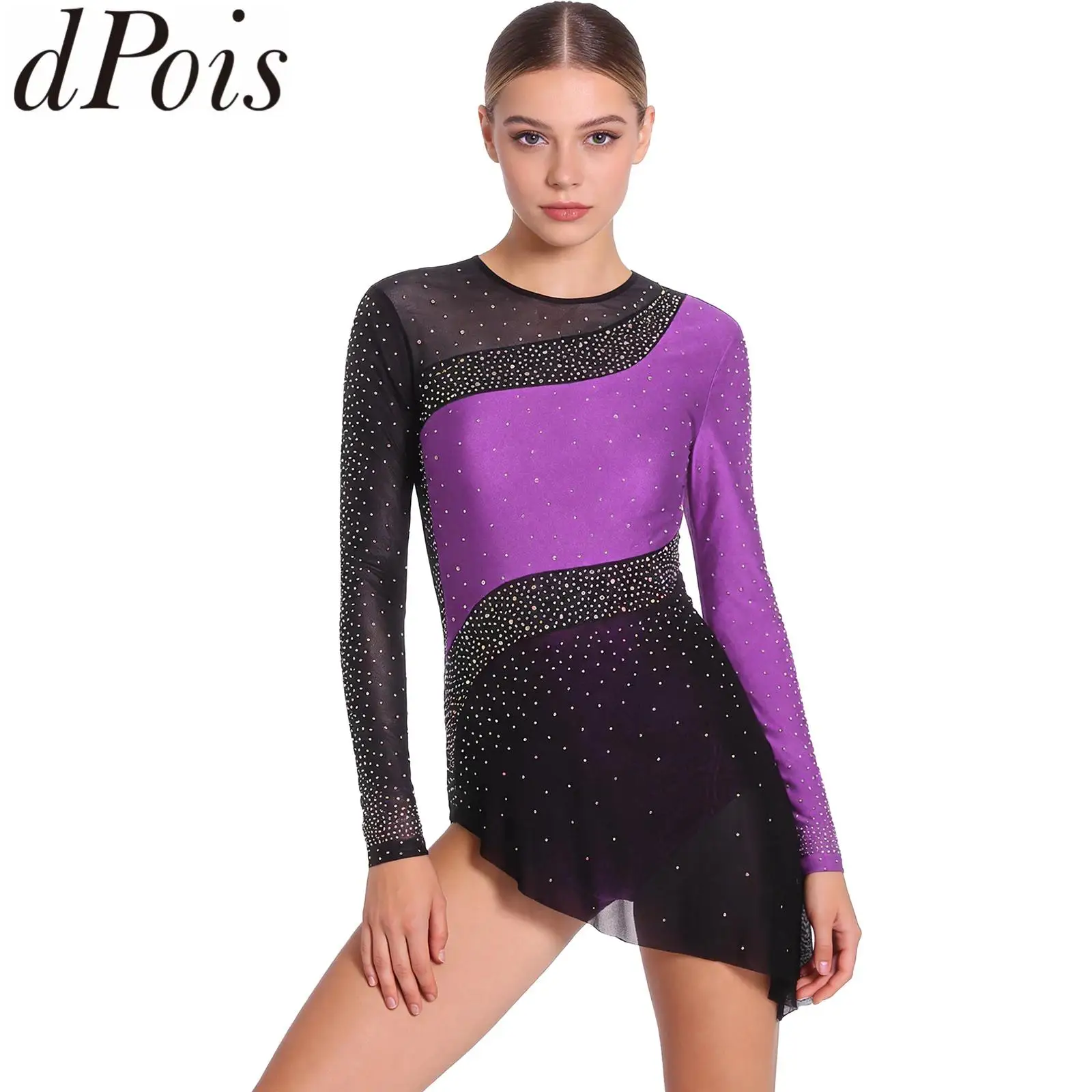 

Женский комбинезон для фигурного катания с длинными рукавами, стразами и сетчатой юбкой, цельный костюм для гимнастики и латиноамериканских танцев
