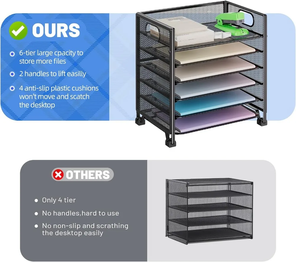 6-Tier Metal Mesh Letter Tray Organizer, Large Capacity, Non-Slip, Tool-Free Assembly, Black for Office - view 5