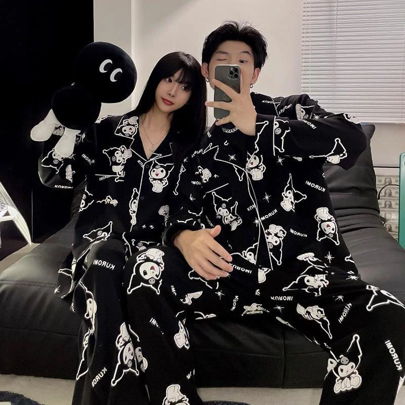 Sanrio Kuromi Cartoon Paar Pyjama Vrouwen Mannen Lente Herfst Katoenen Lange Mouw Top Shirt Broek 2 Delige Set Y 2K Nachtkleding Pak