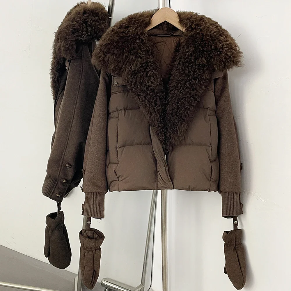 OFTBUY Luxuriöse Abnehmbare Handschuhe Natürlicher Pelz Entendaunen-Mantel Großer Echter Lammwoll-Pelzkragen Daunenjacke Damen Neue Winterkleidung – Detail 8