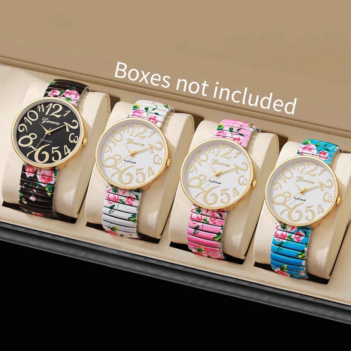 4pcs/set Women's Fashion Personalized Printed Elastic Band Trendy Casual Digital Dial Quartz Watch Combination Set No Box