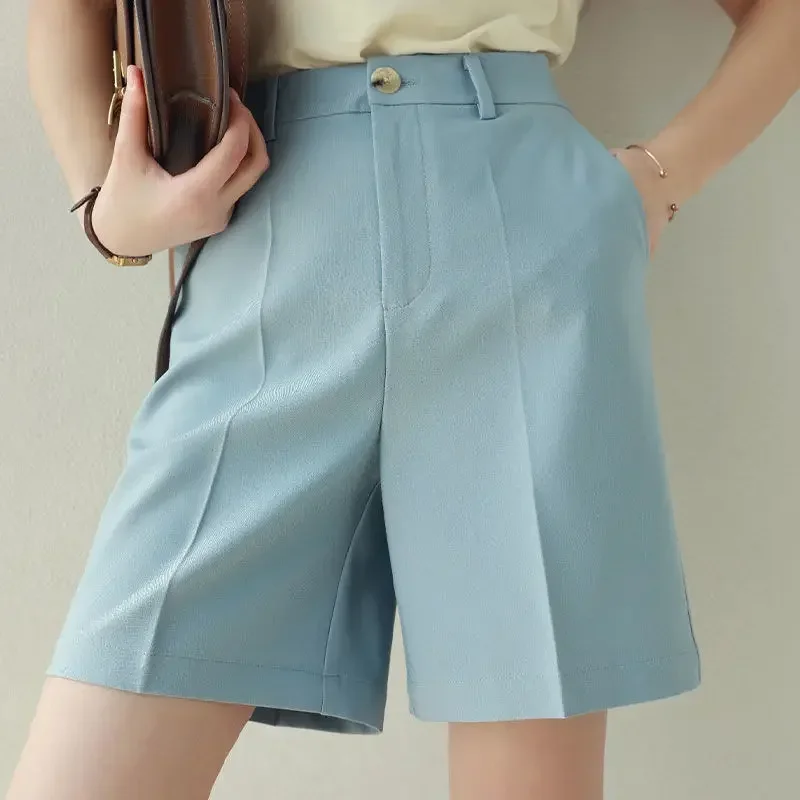 

High Waist Summer Casaul Suit Shorts Women Pleated A-Line Slim Wide Leg Shorts Office Lady Elegant Short Trousers Female W132