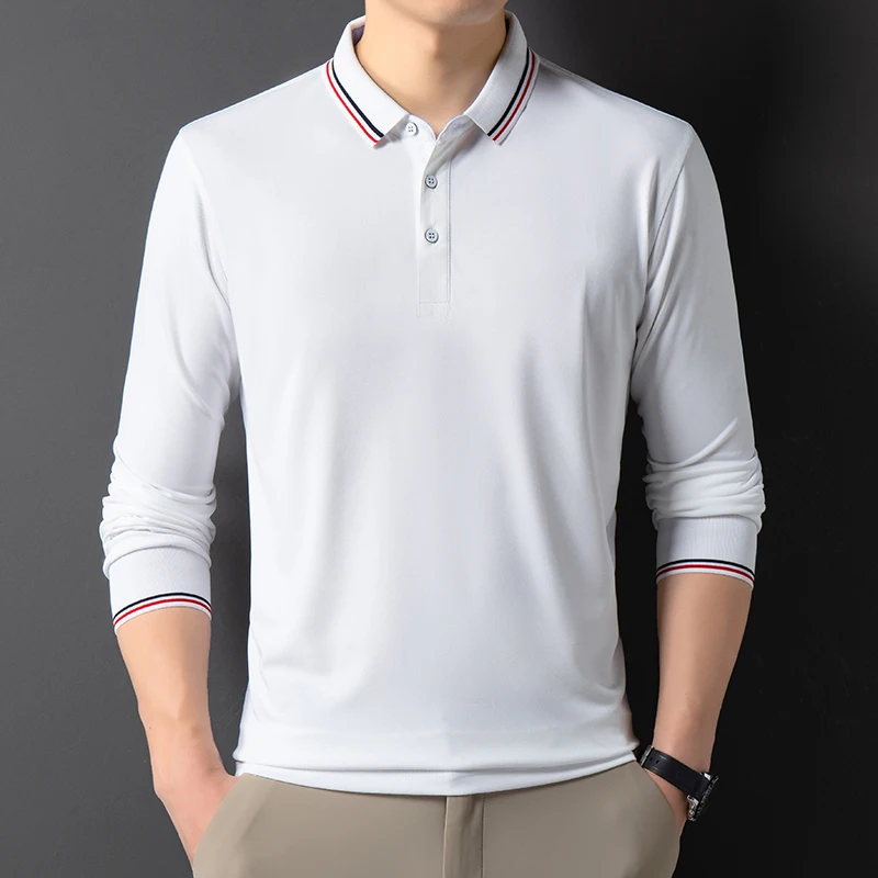 

Gentleman's Temperament Men's Polo Shirt Autumn Quality Solid Color Long Sleeve Striped Lapel T-Shirt Business Trend Menswear