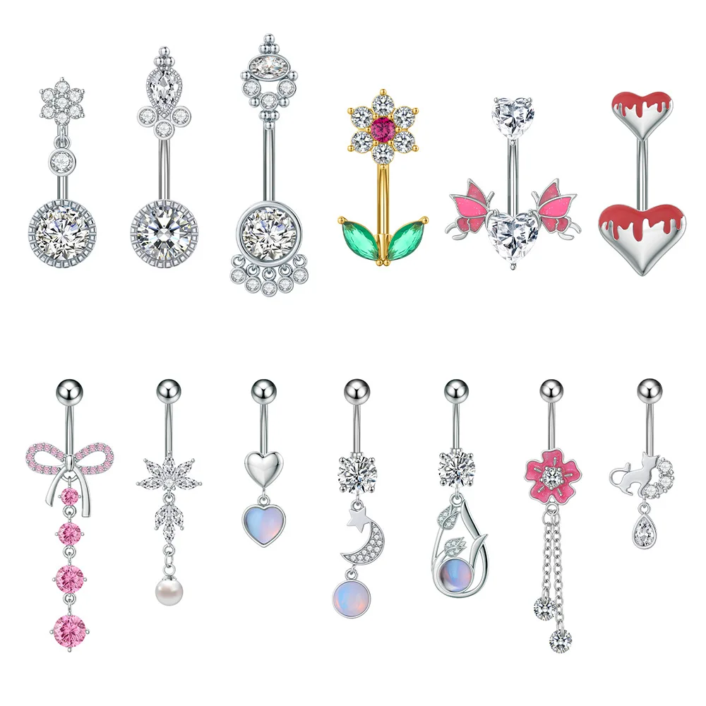 26pcs Heart Belly Bar Navel Piercing Ring Pink Drop Zirconia Oil Coated Women Jewelry Dangle