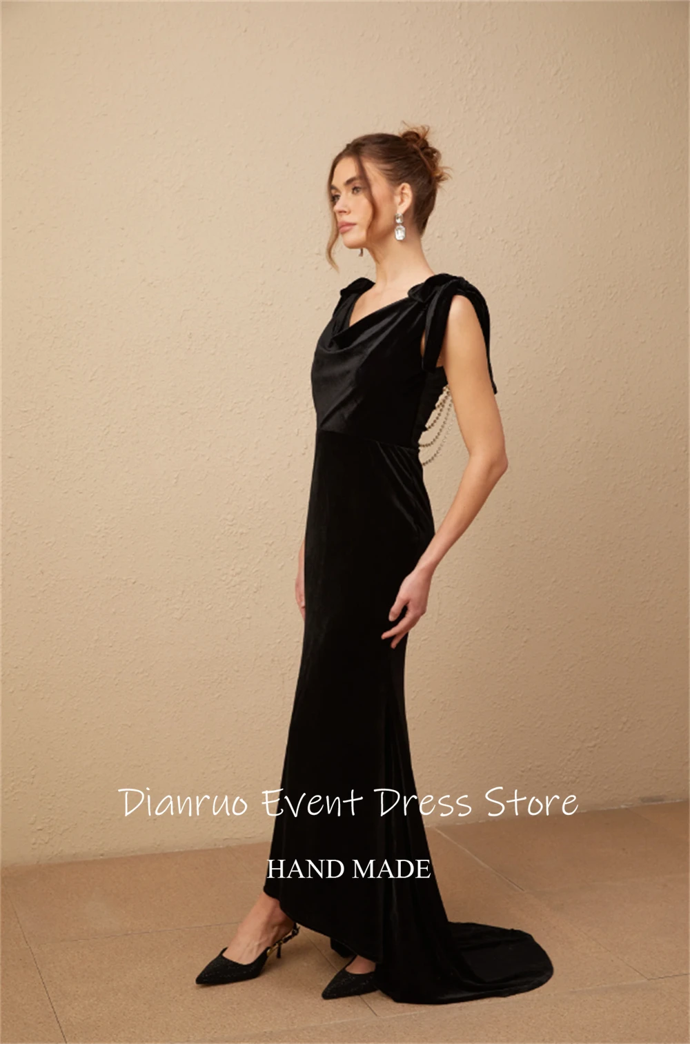Dianruo Vintage Backless V Neck Evening Dress Back Pearls Maxi Vestidos De Fiesta Black Velvet Abiti Da Cerimonia Customized #5