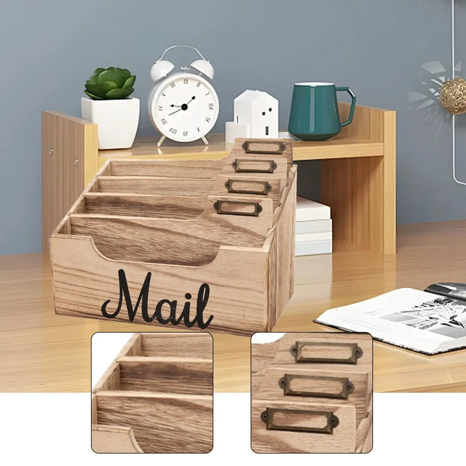 Mail Holder Desktop File Sorter Organizer 4 Compartment Wooden Letter Storage for Apartment Workspace