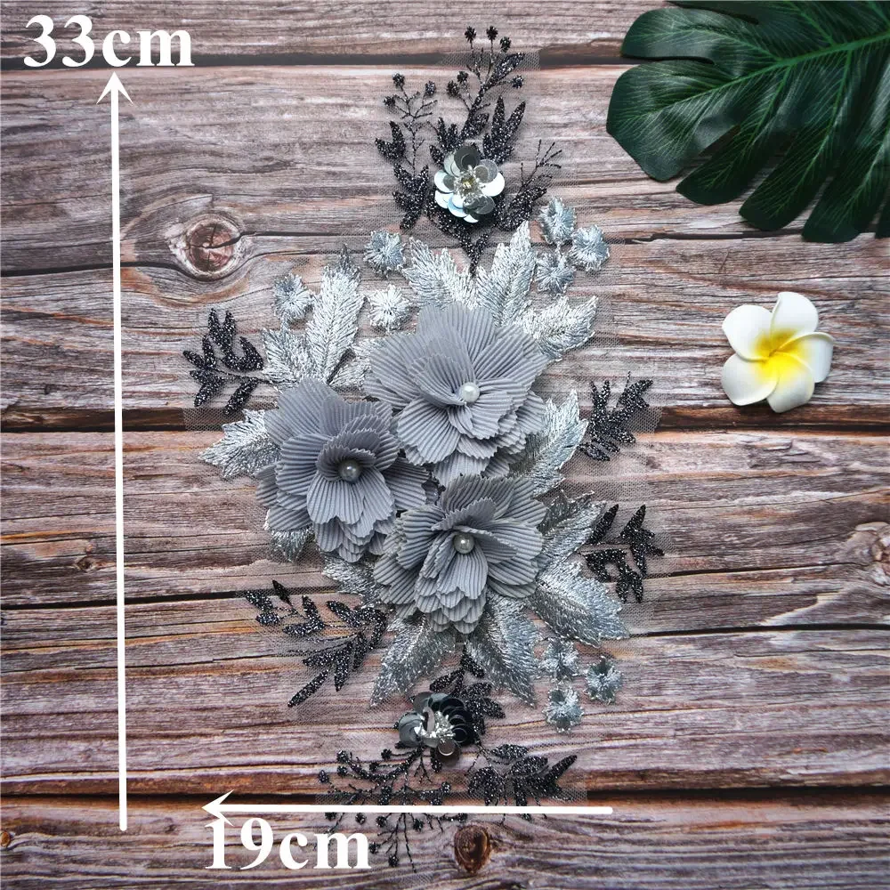 Grey Black 3D Flowers Beads Rhinestone Lace Fabric Embroidered Wedding Gown Appliques Sew Patch For Dress DIY Decoration