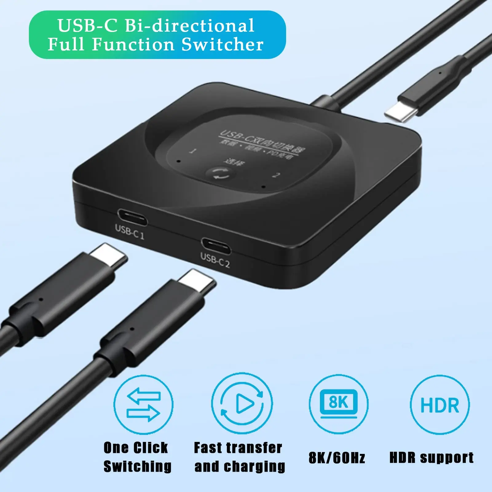 USB C Switcher, 1x2/2x1 USB3.1 Type C Switch Selector,8K 60Hz HD 10Gbps Data Transfer 100W Charging  PD 100W