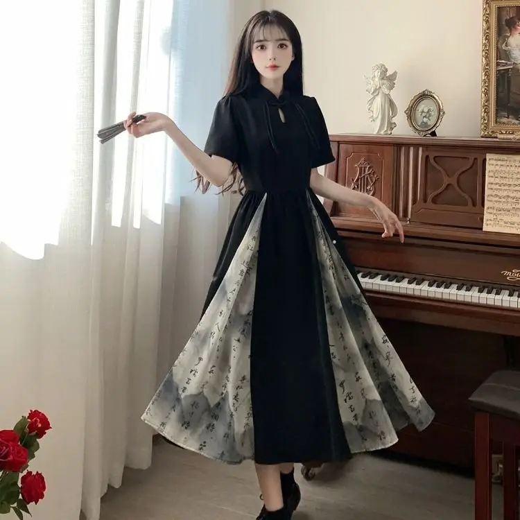 Moderne Chinese Stijl Nieuwe Chinese Inkt Schilderij Splicing Mid Length Vintage Jurk Oversized Elegante Chinese-Traditionele-Jurk