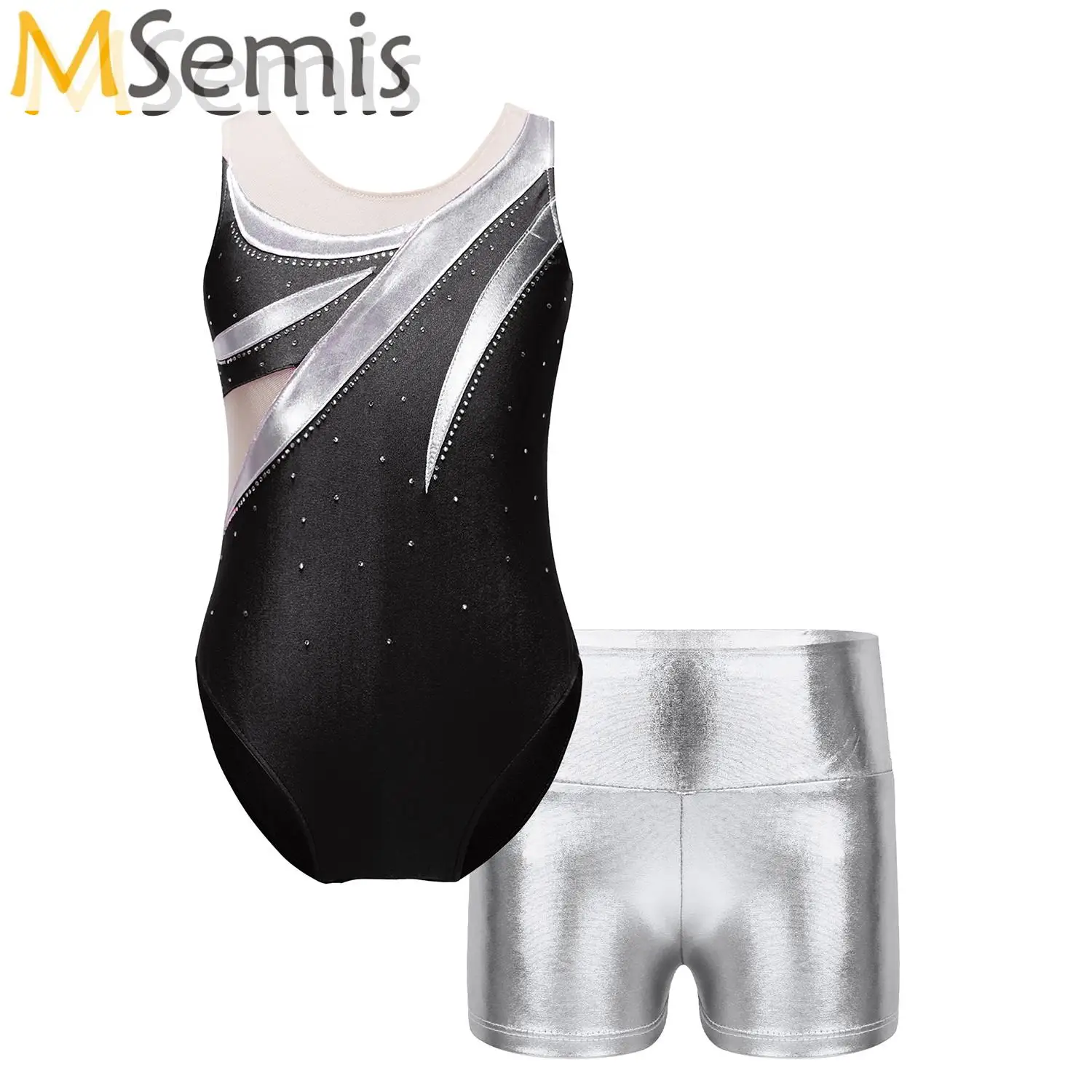 Crianças meninas ginástica macacão + shorts conjunto sem mangas strass metálico ballet dança outfits crianças dancewear traje ternos