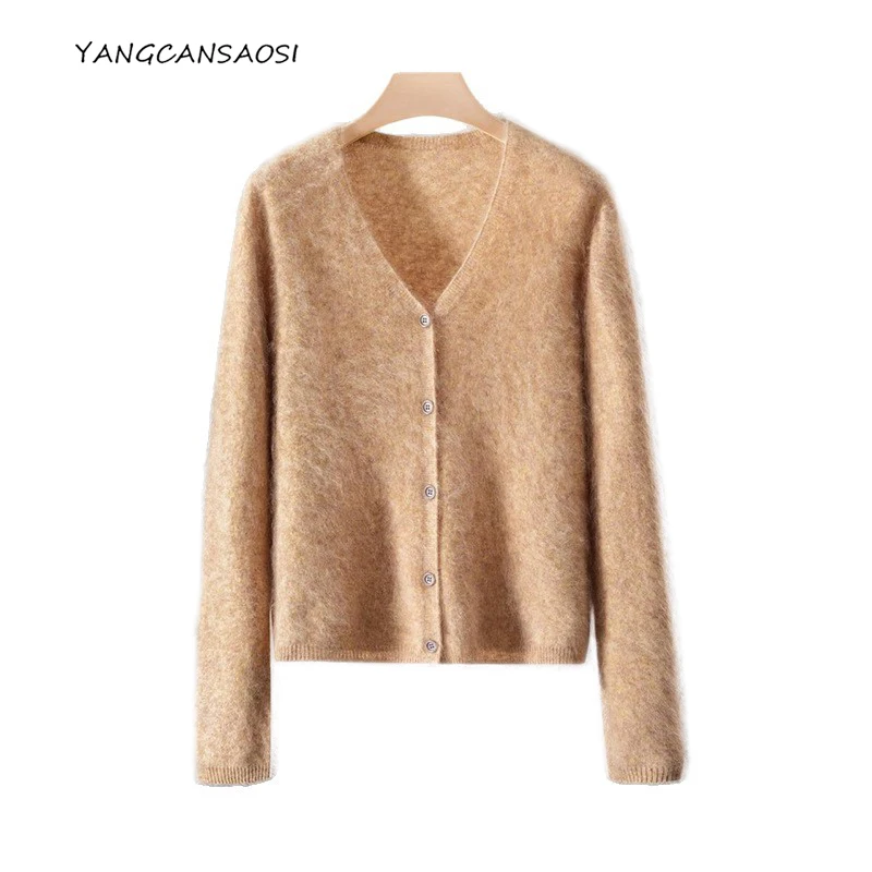 

2025 Women's Early Autumn New Lazy Style 95% Wool 5% Cashmere Brushed V-neck Cardigan Loose Versatile Knitted Sweater