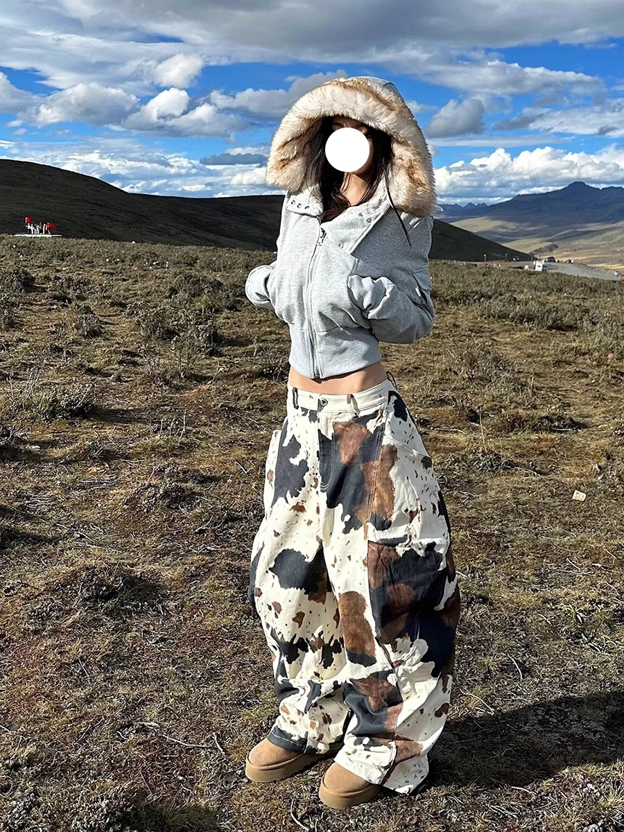 Women's Fleece-Lined Leopard Print Wide Leg Barrel Jeans