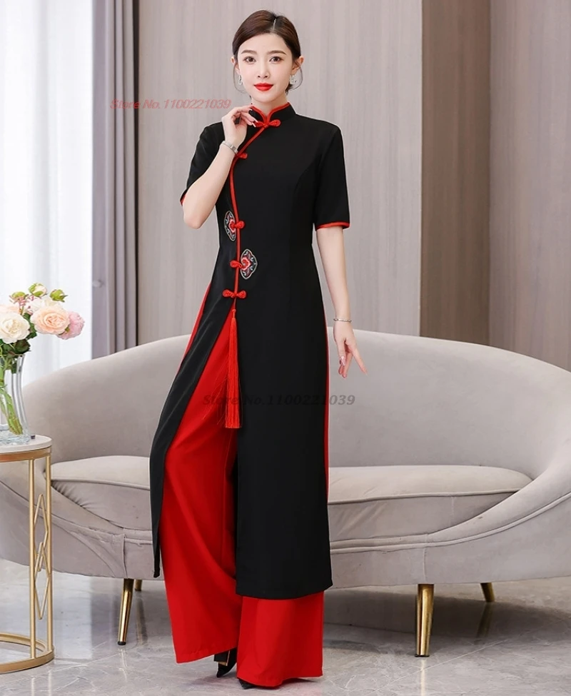 2026 traditional vietnam aodai dress+pants set national flower embroidery ao dai improved qipao dress banquet party dance dress