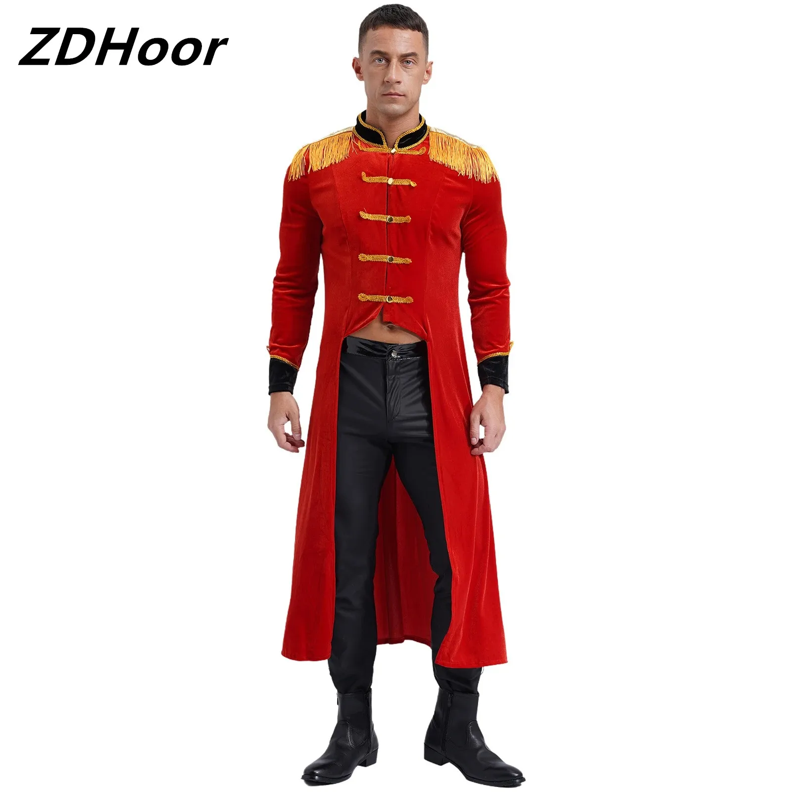 

Mens Circus Velvet Tailcoat Halloween Roleplay Costumes Fringe Shoulder Boards Renaissance Gothic Jacket Ringmaster