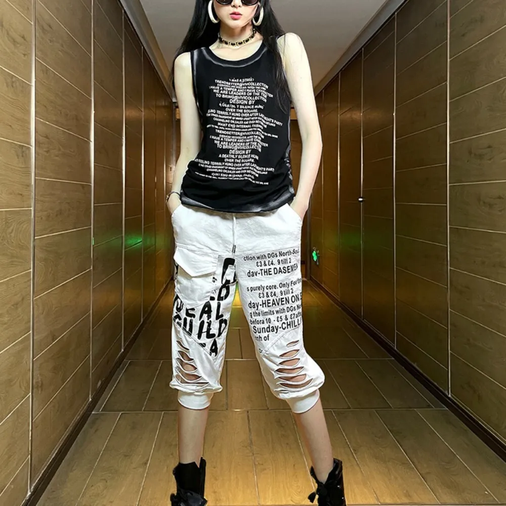 Letter Print Black Sleeveless T-shirt + White Pants Two Piece Set Women Summer Fashion Matching Pant Set LX1015F1