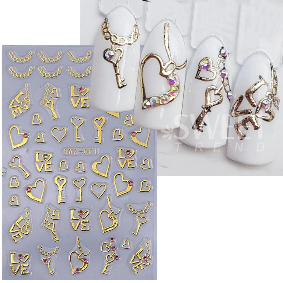 2 قطعة البرنز الذهب الحب القلب مسمار ملصق مع حجر الراين مفتاح خطوط غير منتظمة التصميم الفرنسي لاصق الشارات DIY بها بنفسك مانيكير ديكور #3