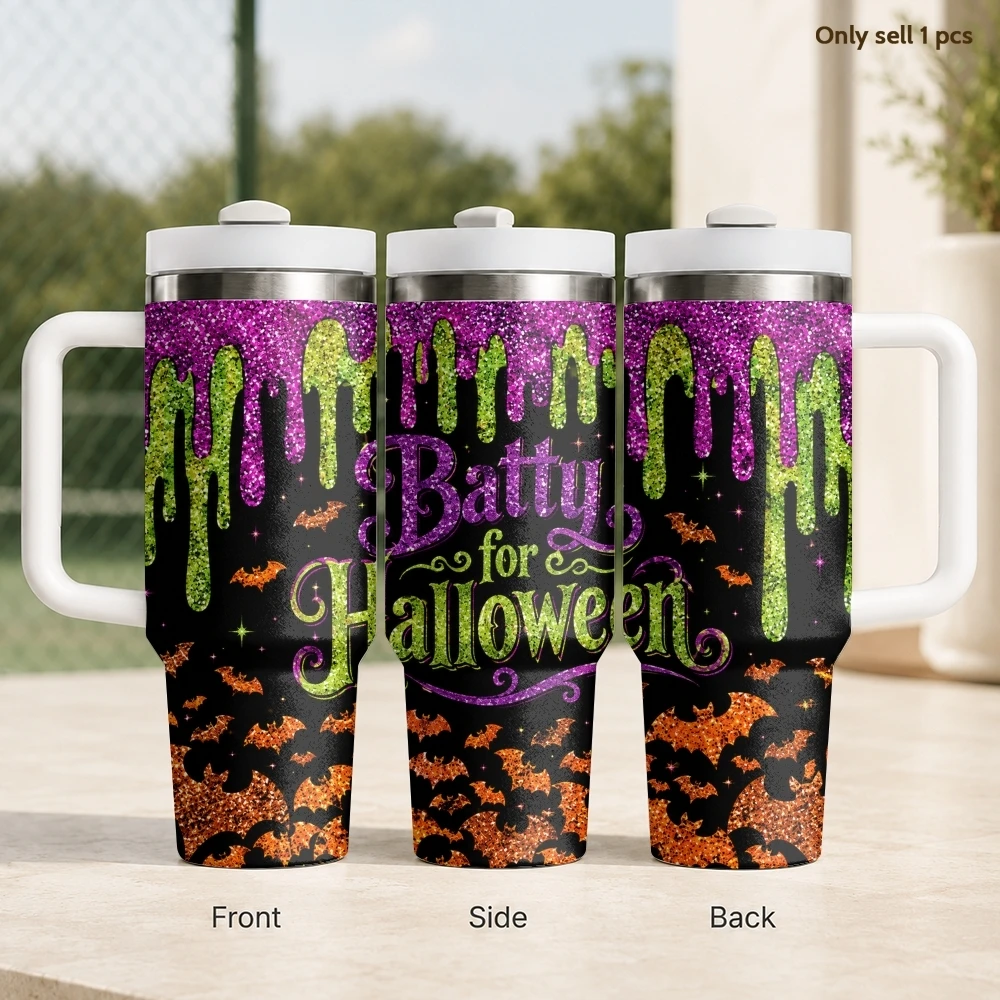 Witch Bat Design Vacuum Flasks 40oz Stainless Steel Travel Tumbler with Handle Straw Lid Double Wall Vacuum Insulated