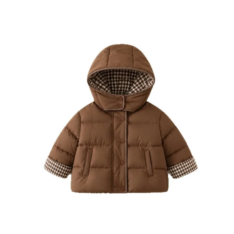 2026 New Winter Hot Selling Children's Trendy Coffee Color Spliced Plaid Hooded Simple Cotton Jacket