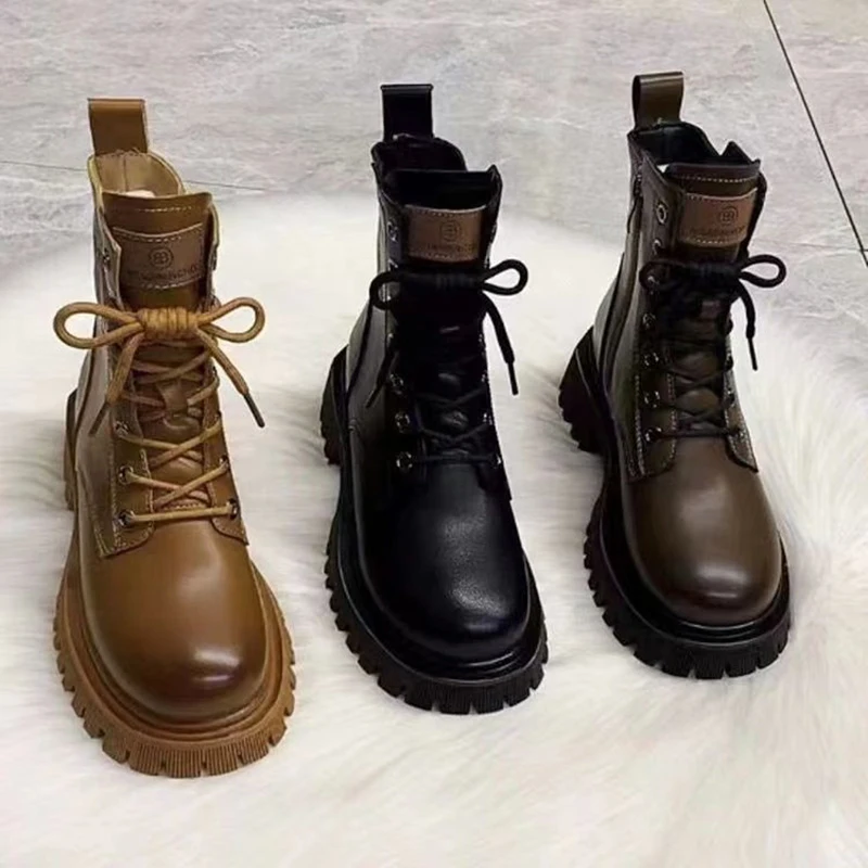 New Single Add Fleece Thick Sole Zipper Lace-Up Black Classic Short Women\'S Autumn/Winter Doc Martens Boots