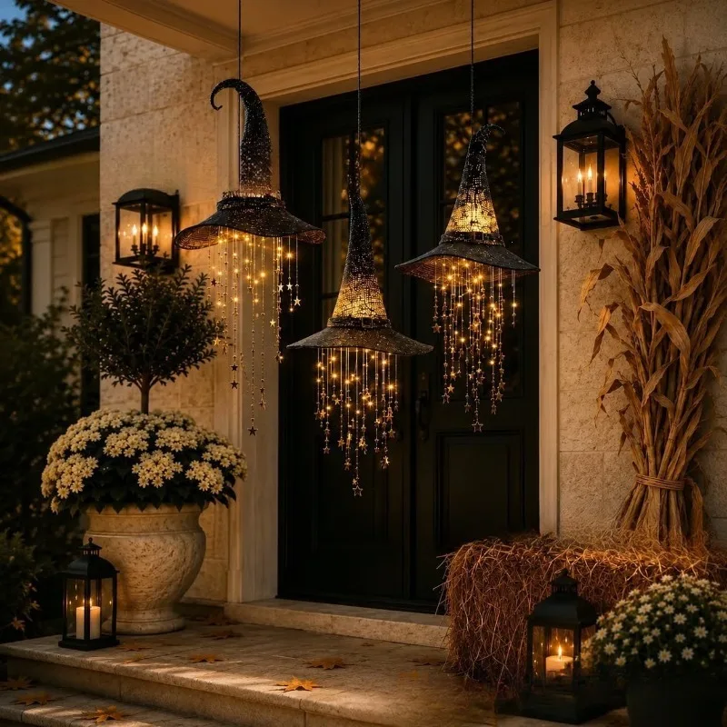 2pcs Lighted Witch Hat Hanging Chime Glowing Witch Hat Pendant Wind Chime Pendant