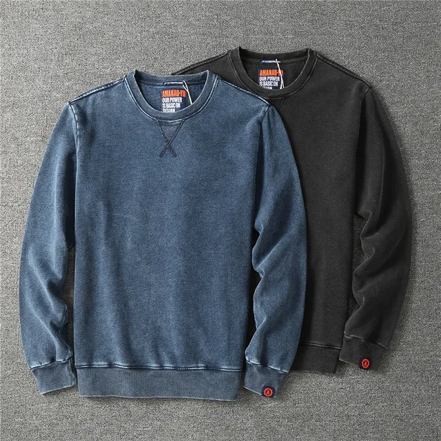 Jesień nowe amerykańskie Retro Denim bluzy z dzianiny męskie proste 100% bawełna ciężkie sprane stare Casual młodzieżowe swetry odzież sportowa