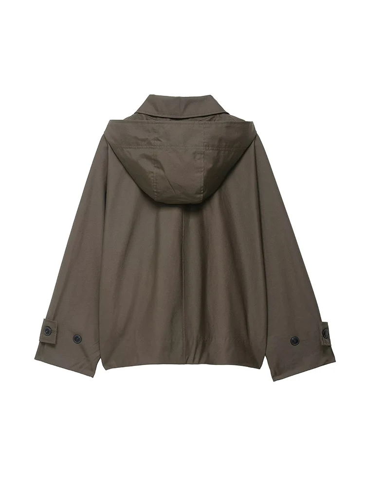 معطف نسائي فضفاض سترة واقية مع غطاء للرأس 2025 موضة ريترو جديدة كبيرة الحجم وأكمام طويلة معطف خندق مريح ملابس خارجية #4