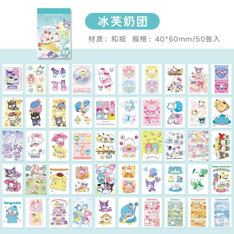 50Sheets Kawaii Sanrio Stickers Book Hello Kitty Cinnamoroll Kuromi Kids Mini Sticker Decorative Hand Account Laptop Stationery