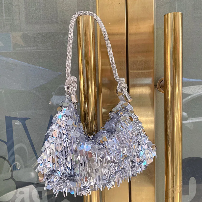 

Retro Silver Sequin Fringe Handbag Women's Clutch Purse Glitter Shiny Women Armunder Beads Beading Tassel Evening Bag