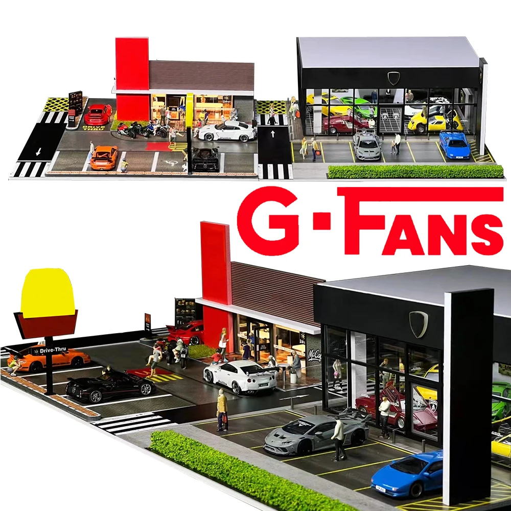 G FANS 1:64 Car Garage Models Shop Parking Building Led Diorama Building Scene Model with Lights Car Garage Diorama Scene Model