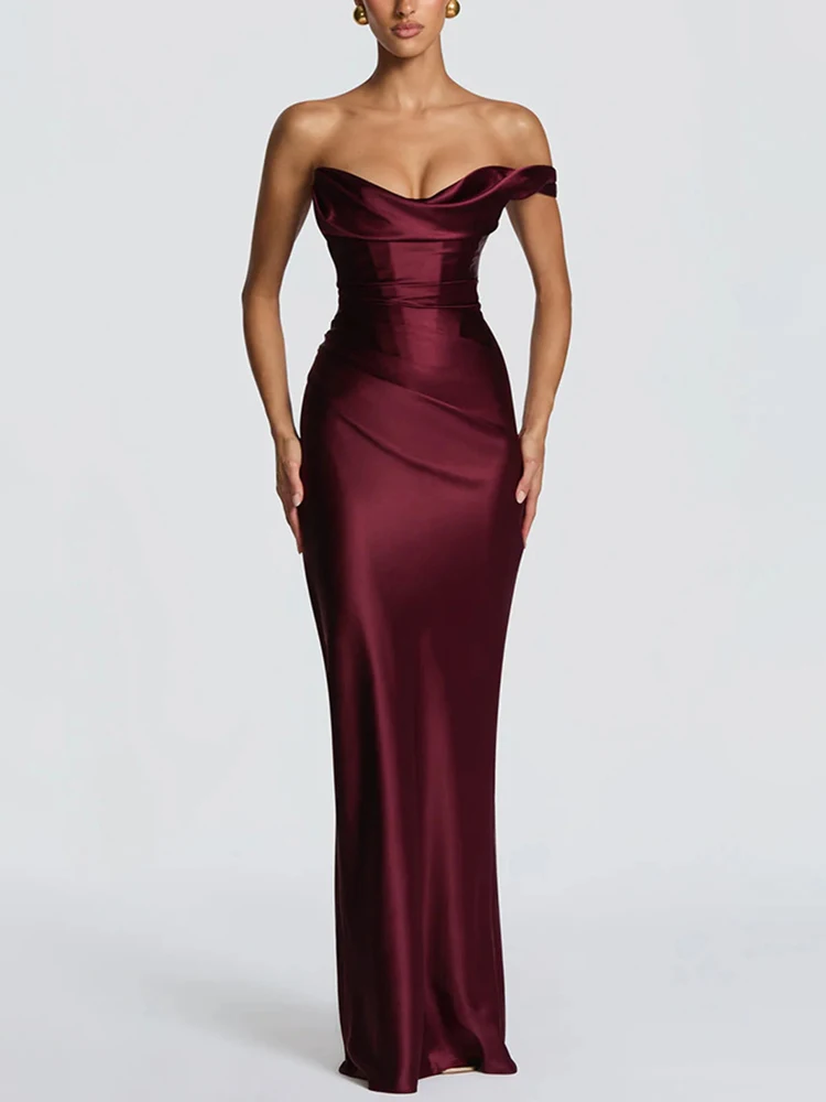 Robe longue sirène élégante en satin Sibybo pour femme, asymétrique à une épaule, froncée, sexy, décolleté plongeant, dos nu, avec bandage et taille cintrée, pour soirée