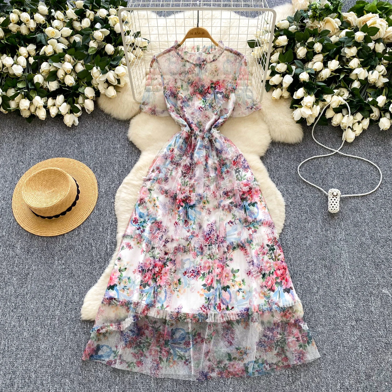 2025 de alta qualidade festa francesa vestido longo novo feminino babados colarinho mangas curtas uma linha vestido verão moda malha impressão bohe vestido