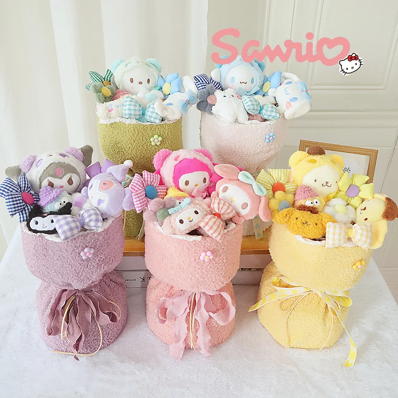 

Sanrio Kuromi Plush Toys Bouquet Melody Cinnamoroll Stuffed Plushie Flower Bouquet Room Decoration Doll Girl Valentine Day Gift