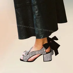 Silver Rhinestone Hollow Design Open Toe Sandals Back Strap Women Shoes Chunky High Heels Party Banquet 2024 Zapatos Para Mujere