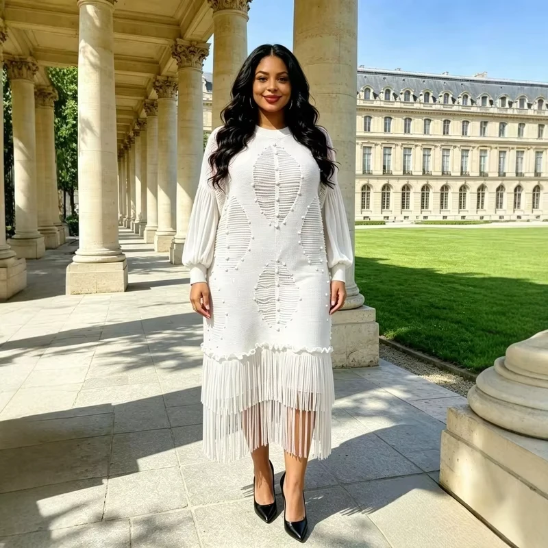 ANLAN White Pleated Maxi Dress Beaded Tassel Design Loose Elegant Long Sleeve Round Neck Polyester Casual Dresses 2AN4629