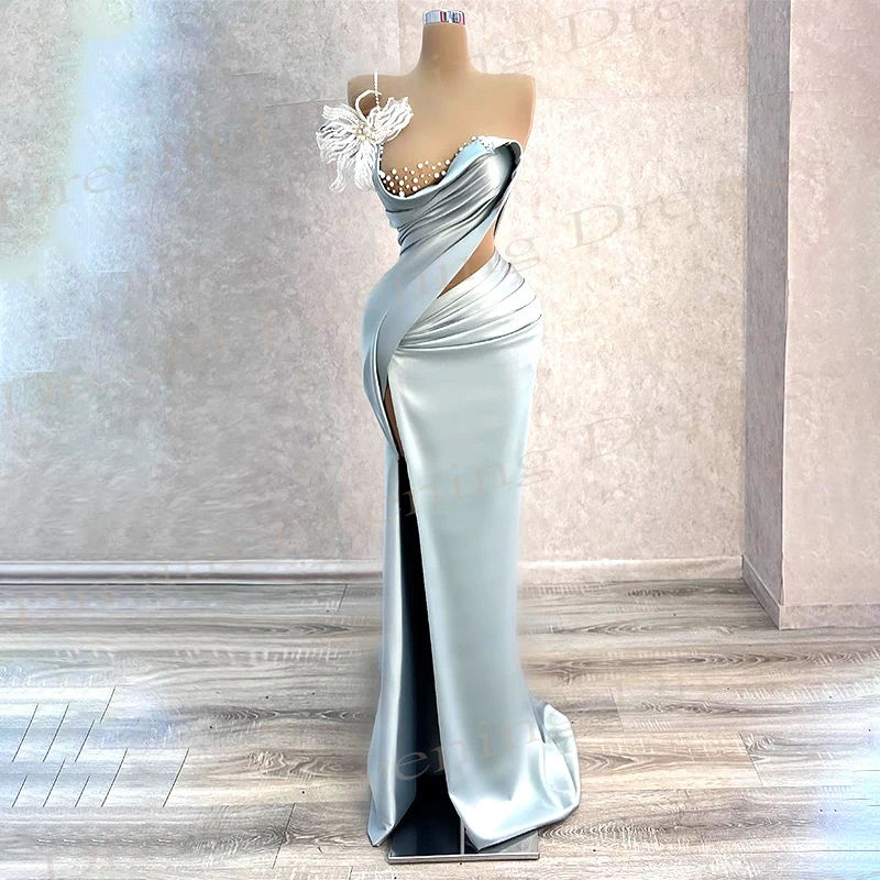 2024 New Light Blue Women's Mermaid Generous Evening Dresses One Shoulder Prom Gowns High Side Split Pearls Beaded فساتين سهرة