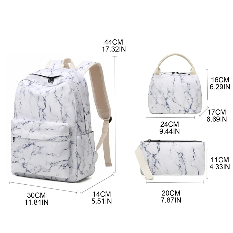 Marble Backpack with Lunch Tote Pencil Bag School Bag for Teenagers Youth Student Casual Daypack