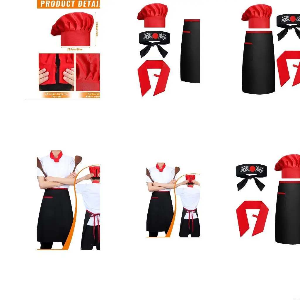 

68UA Hibachi Chefs Costume Accessories Teppanyaki Tall Caps Apron with Headband Necktie