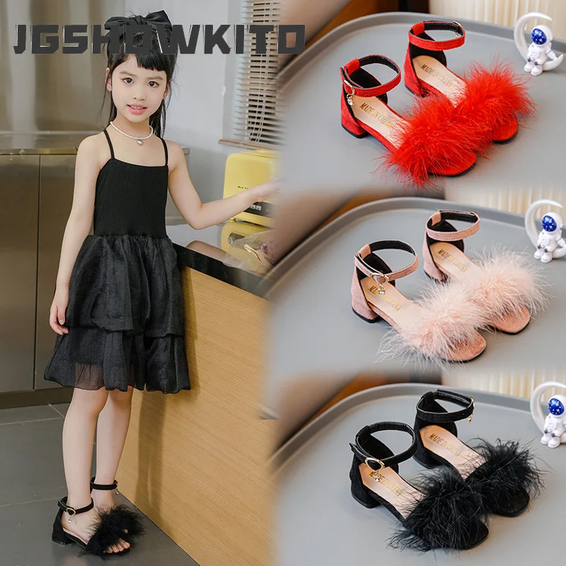 

JGSHOWKITO Summer Children Fluffy Perform Sandals New Girls Dress Sandals for Wedding Party Soft Kids Princess Low Heel Sandals