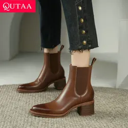 QUTAA 2023  Autumn Winter Women Ankle Boots Genuine Leather Thick Med Heels Shoes Woman Outdoor Casual Working Size 34-39